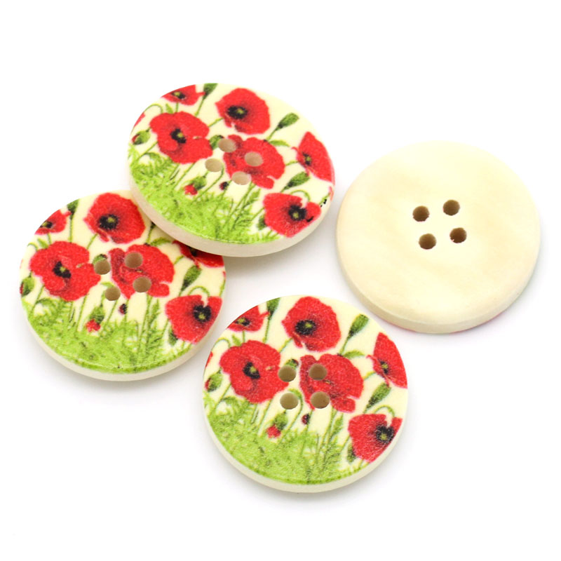 Picture of Natural Wood Sewing Buttons Scrapbooking 4 Holes Round Multicolor Flower Pattern 30mm(1 1/8") Dia, 50 PCs