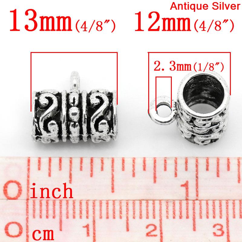 Picture of European Charm Bail Beads Column/Cylinder Antique Silver Color Flower Pattern Carved Fit European Bracelet 13x12mm,Hole:Approx 2.3mm 6mm,50PCs