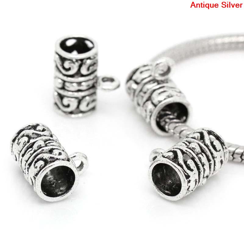 Picture of European Charm Bail Beads Column/Cylinder Antique Silver Color Flower Pattern Carved Fit European Bracelet 13x12mm,Hole:Approx 2.3mm 6mm,50PCs