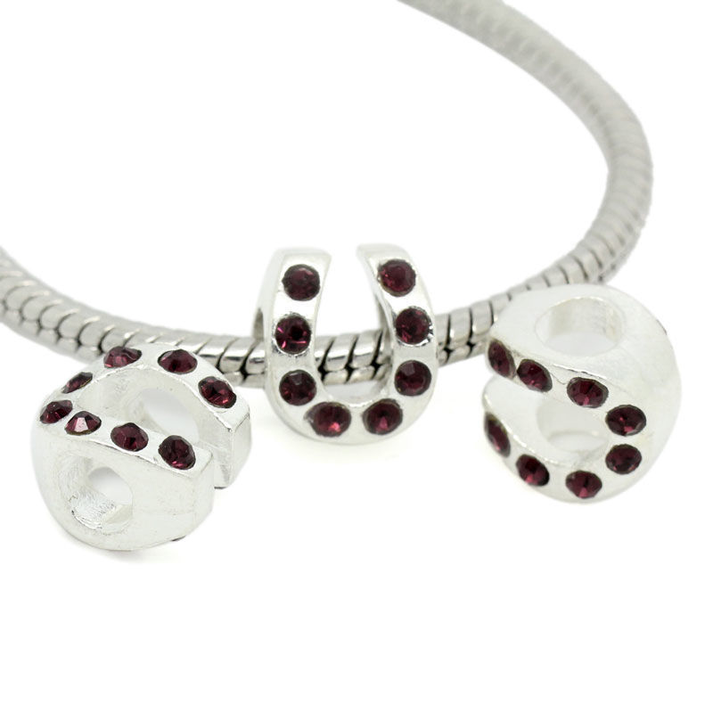 Изображение Бусины В Стиле Пандора Подкова, Посеребренный Цвет стразов: Темно-фиолетовый, 11.0мм x 9.0мм, 4.8мм, 5 ШТ