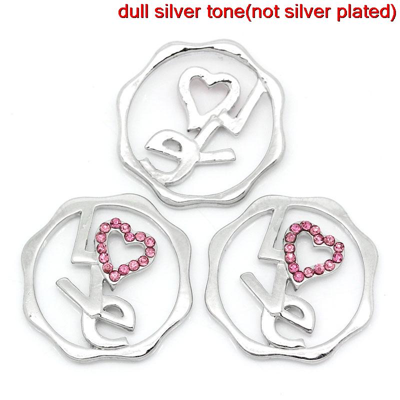 Picture of Back Plate Findings Fit Locket Pendants Round Silver Tone "Love" Message Pink Rhinestone Hollow 24mm x 23mm(1"x 7/8"),5PCs