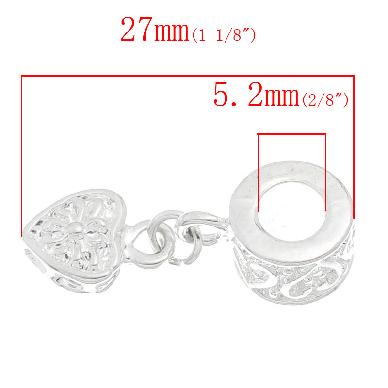 Picture of European Style Large Hole Charm Dangle Beads Heart Silver Plated Halloween Spider Pattern 27mm x 7mm, 20 PCs
