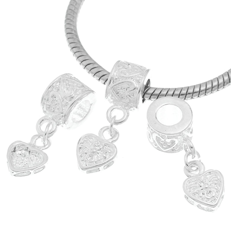 Picture of European Style Large Hole Charm Dangle Beads Heart Silver Plated Halloween Spider Pattern 27mm x 7mm, 20 PCs