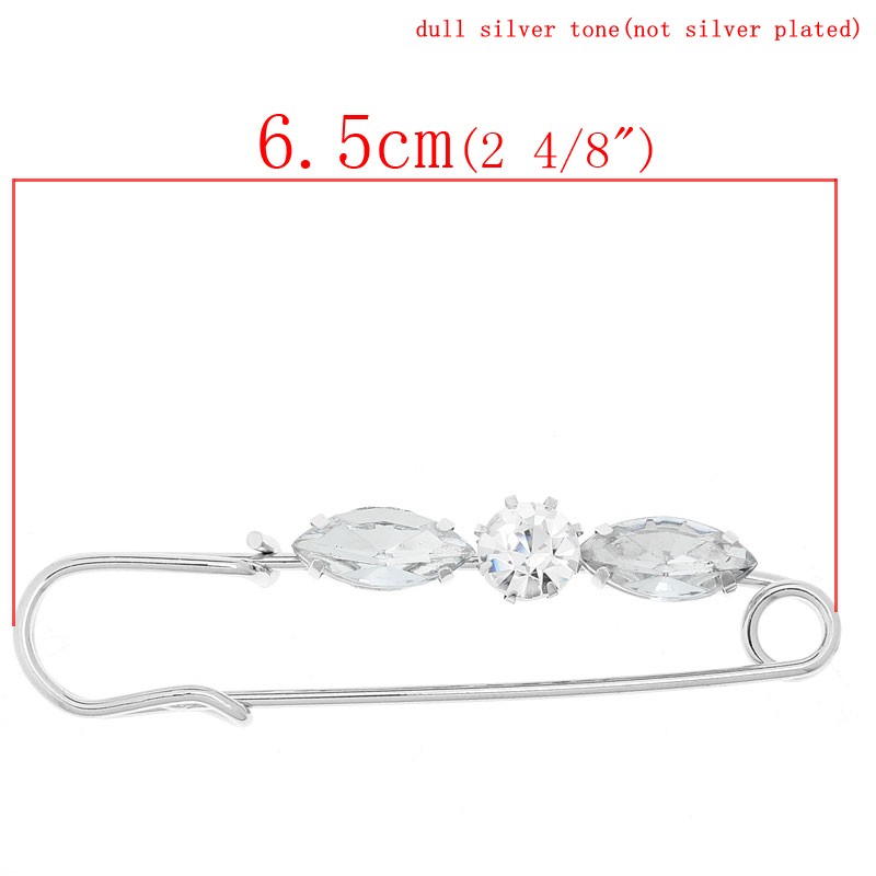 Picture of Pin Brooches Silver Tone Clear Acrylic Rhinestone 6.5cm x1.5cm(2 4/8" x 5/8"), 10 PCs