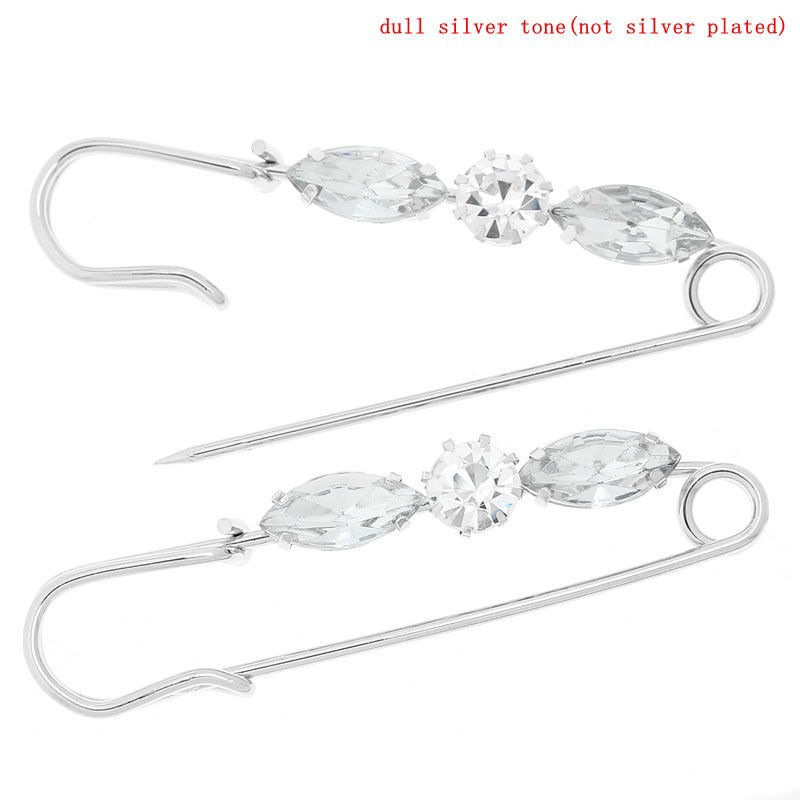 Picture of Pin Brooches Silver Tone Clear Acrylic Rhinestone 6.5cm x1.5cm(2 4/8" x 5/8"), 10 PCs