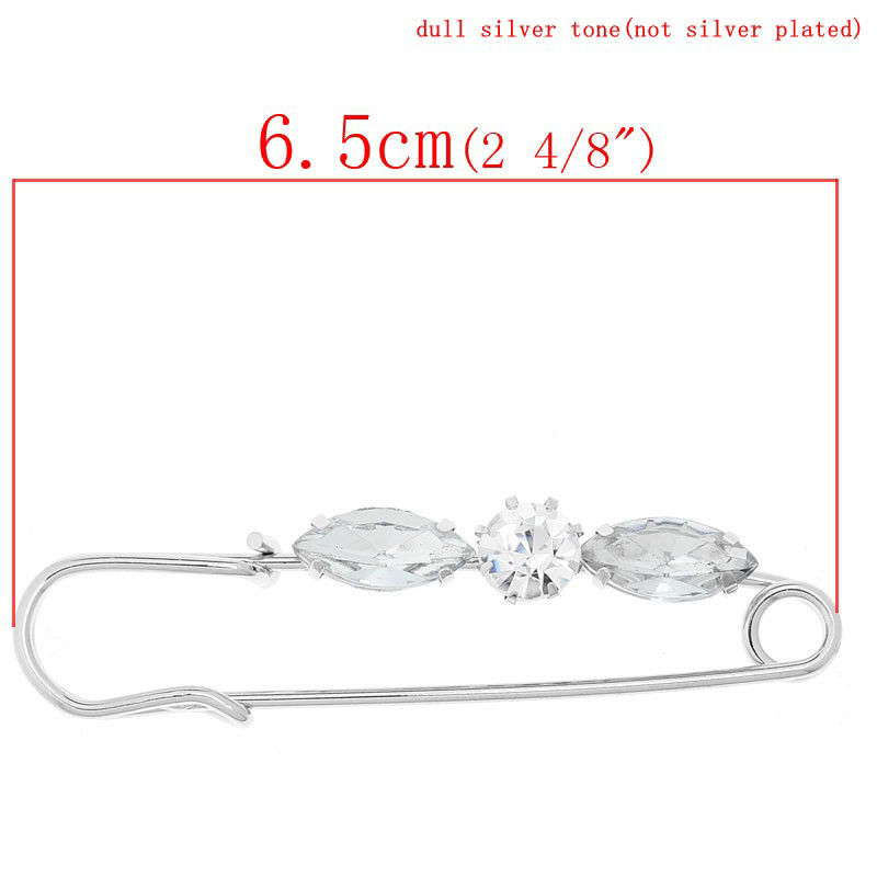 Picture of Pin Brooches Silver Tone Clear Acrylic Rhinestone 6.5cm x1.5cm(2 4/8" x 5/8"), 10 PCs
