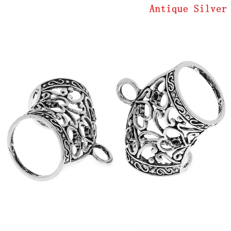 Picture of Bail Beads for Wrap Scarf Antique Silver Color(Can Hold ss12 Rhinestone) Heart Pattern Carved Hollow 4.3cm x 3.7cm,5PCs