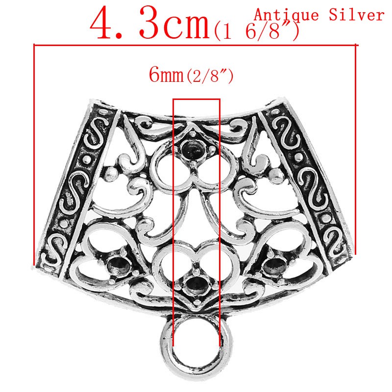 Picture of Bail Beads for Wrap Scarf Antique Silver Color(Can Hold ss12 Rhinestone) Heart Pattern Carved Hollow 4.3cm x 3.7cm,5PCs
