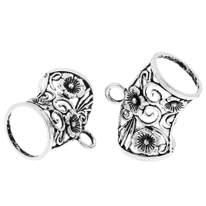 Picture of Bail Beads for Wrap Scarf Antique Silver Color Flower Pattern Carved Hollow 4.4cm x 3.5cm,5PCs