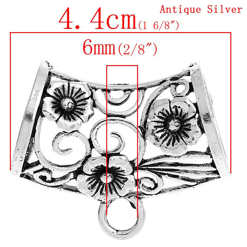 Picture of Bail Beads for Wrap Scarf Antique Silver Color Flower Pattern Carved Hollow 4.4cm x 3.5cm,5PCs