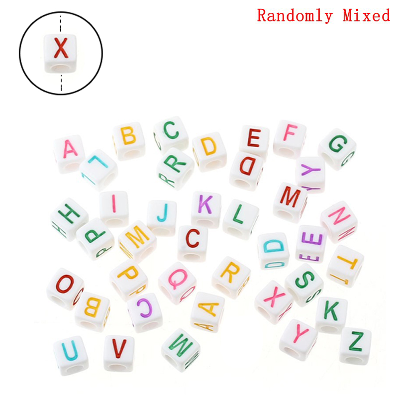 Picture of Acrylic Spacer Beads (Vertical Hole) Cube At Random Mixed Alphabet/ Letter Carved About 7mm x 7mm, Hole: Approx 3.8mm, 300 PCs