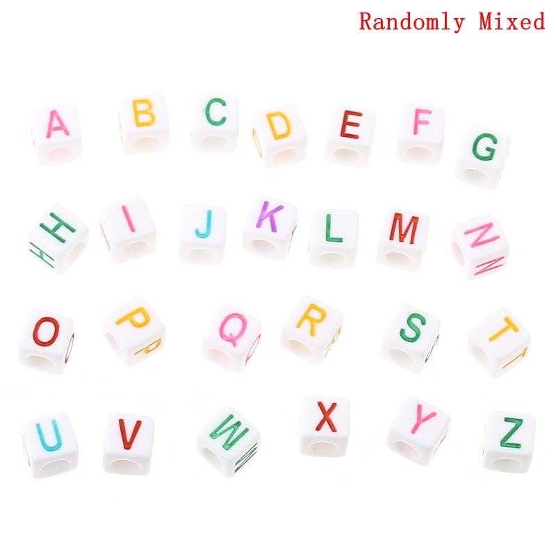 Picture of Acrylic Spacer Beads (Vertical Hole) Cube At Random Mixed Alphabet/ Letter Carved About 7mm x 7mm, Hole: Approx 3.8mm, 300 PCs