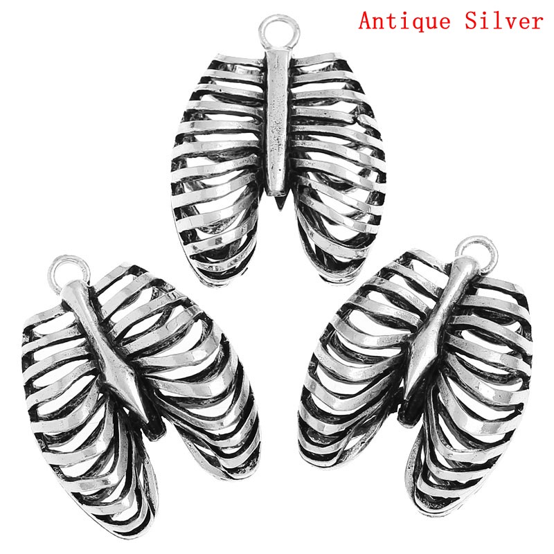 Picture of Zinc Metal Alloy Pendants Rib Cage /Thorax Antique Silver Color 4cm(1 5/8") x 3cm(1 1/8"), 3 PCs