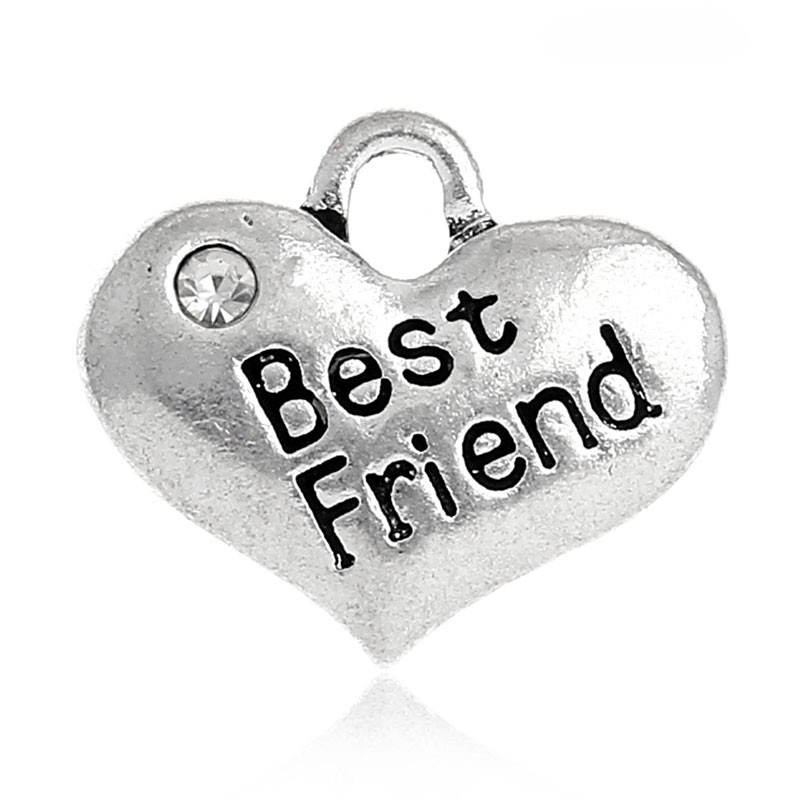 Picture of 20 PCs Zinc Based Alloy Charms Antique Silver Color Heart Message " BEST FRIENDS " Clear Rhinestone 16mm x 14mm
