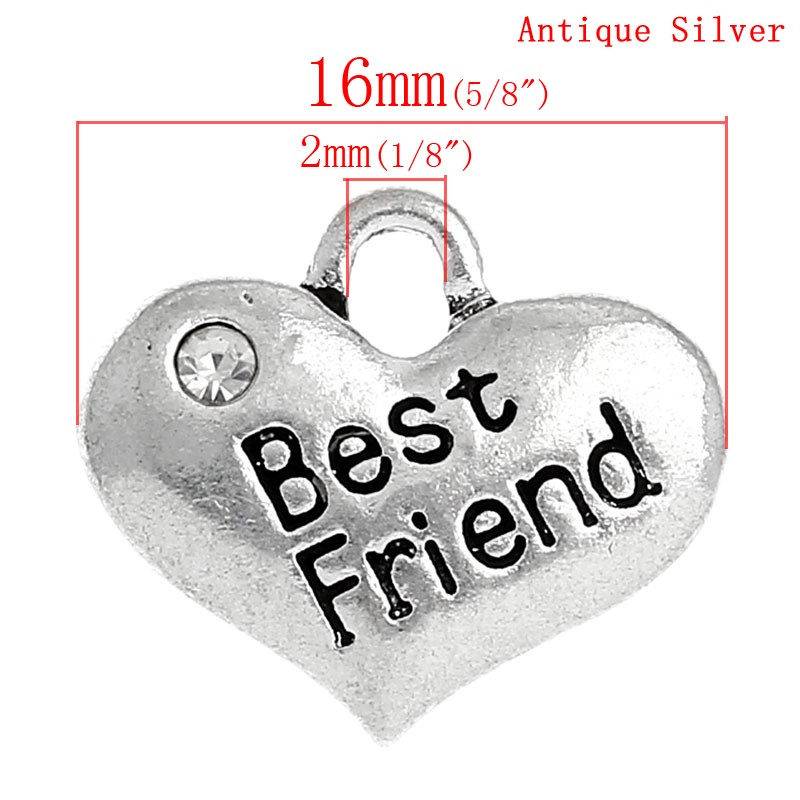 Picture of 20 PCs Zinc Based Alloy Charms Antique Silver Color Heart Message " BEST FRIENDS " Clear Rhinestone 16mm x 14mm