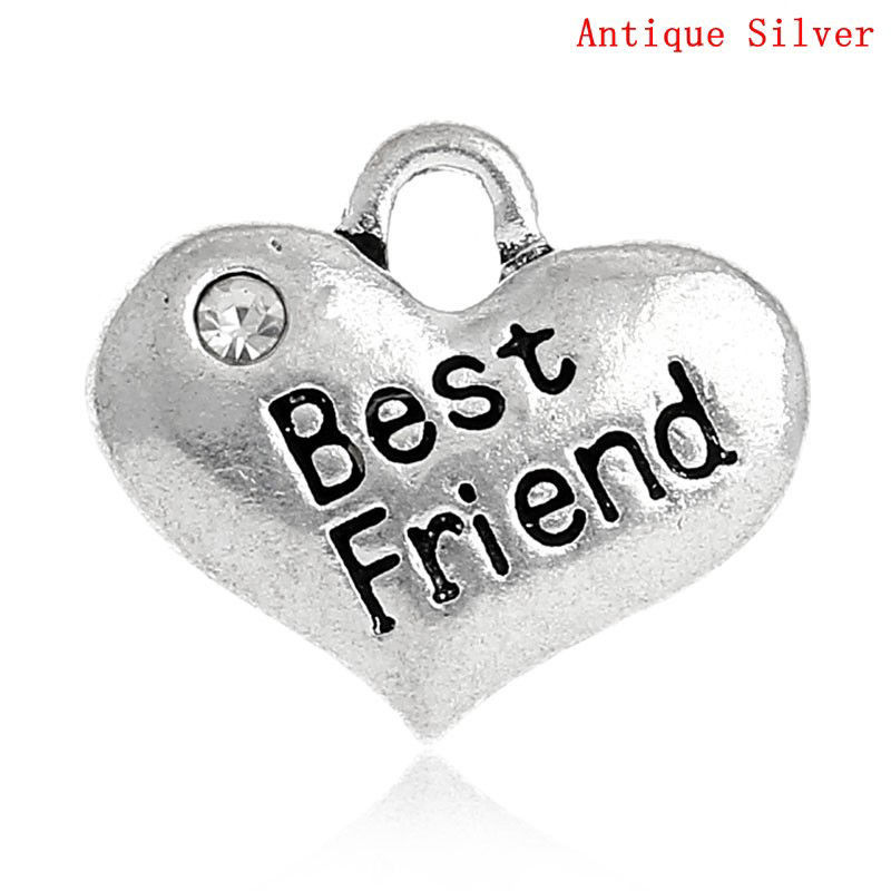 Picture of 100 PCs Zinc Based Alloy Charms Antique Silver Color Heart Message " Best Friend " Clear Rhinestone 16mm x 14mm