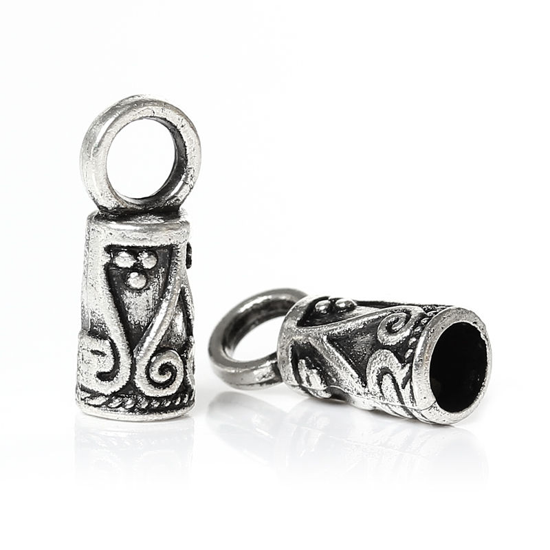 Picture of Necklace Cord End Tip Beads Caps W/Loop Antique Silver Color Flower Pattern Carved 14mm x 5mm,200PCs