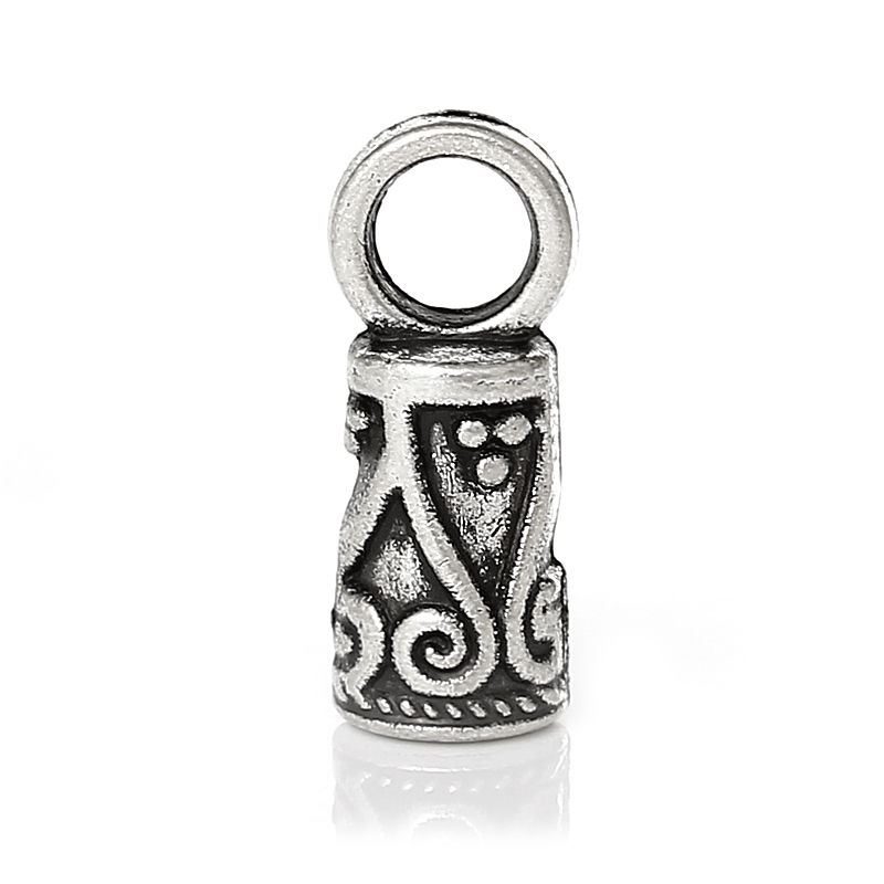 Picture of Necklace Cord End Tip Beads Caps W/Loop Antique Silver Color Flower Pattern Carved 14mm x 5mm,200PCs
