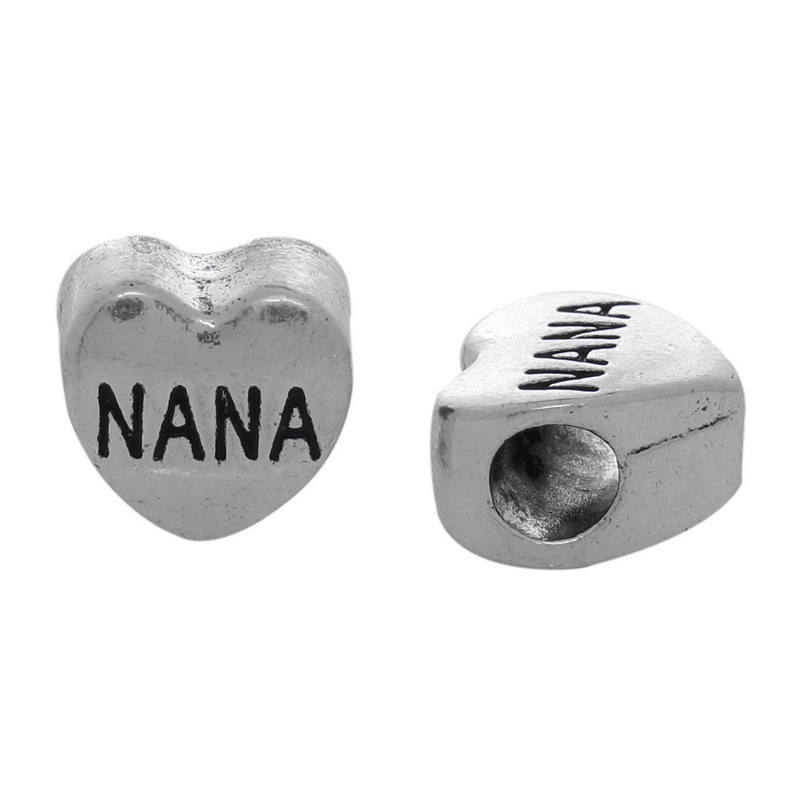 Picture of Zinc Metal Alloy European Style Large Hole Charm Beads Heart Antique Silver Color Message "NANA" Carved About 11mm x 11mm, Hole: Approx 4.6mm, 20 PCs