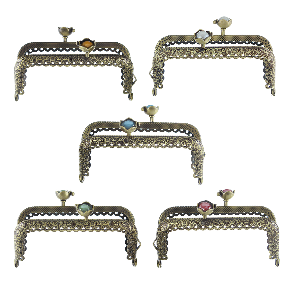 Picture of Iron Based Alloy Kiss Clasp Lock Purse Frame Antique Bronze Mixed Resin Ball Flower 8.9x5.5cm(3 4/8" x2 1/8"), Open Size: 11.5x9cm(4 4/8"x3 4/8"), 5 PCs