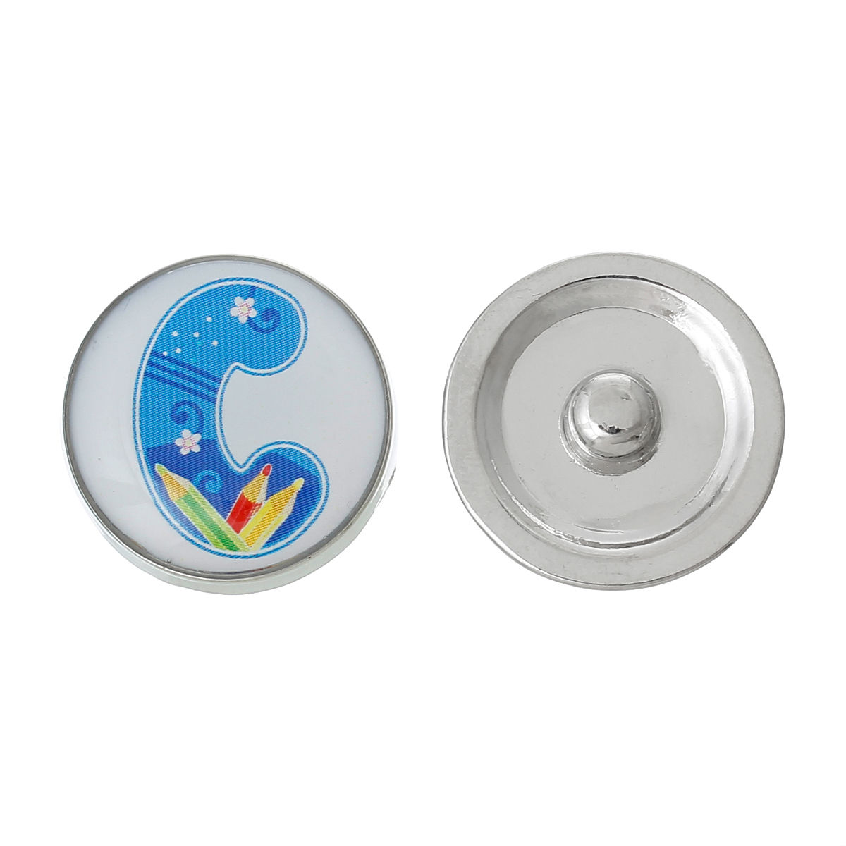 Picture of 20mm Zinc Metal Alloy Snap Buttons Round Silver Tone Blue Alphabet /Letter " C " Pencil Pattern Fit Snap Button Bracelets, Knob Size: 5.5mm( 2/8"), 5 PCs