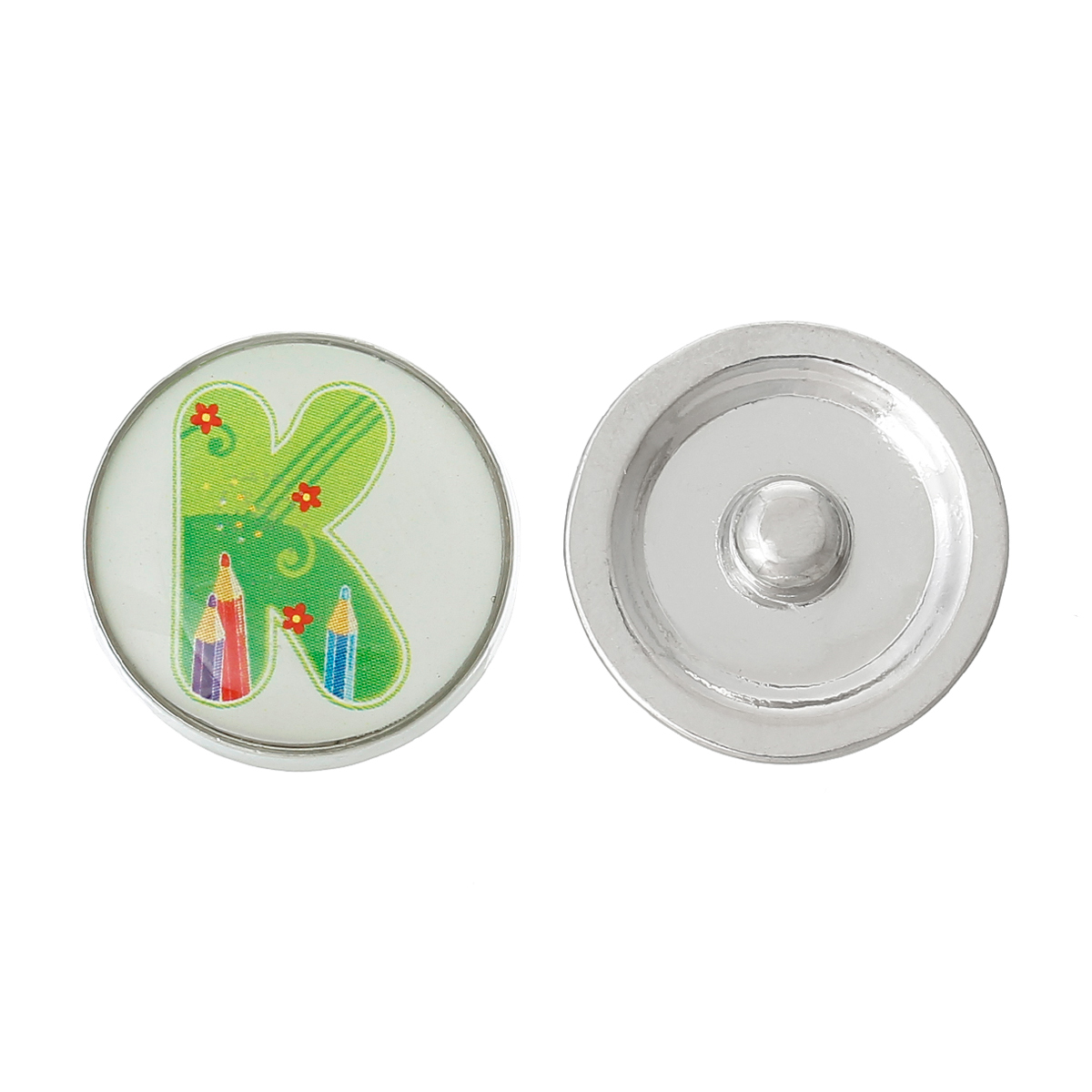 Picture of 20mm Zinc Metal Alloy Snap Buttons Round Silver Tone Green Alphabet /Letter " K " Pencil Pattern Fit Snap Button Bracelets, Knob Size: 5.5mm( 2/8"), 5 PCs