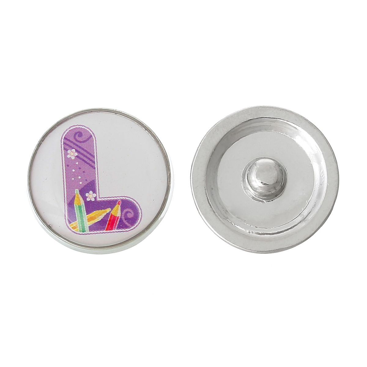 Picture of 20mm Zinc Metal Alloy Snap Buttons Round Silver Tone Purple Alphabet /Letter " L " Pencil Pattern Fit Snap Button Bracelets, Knob Size: 5.5mm( 2/8"), 5 PCs