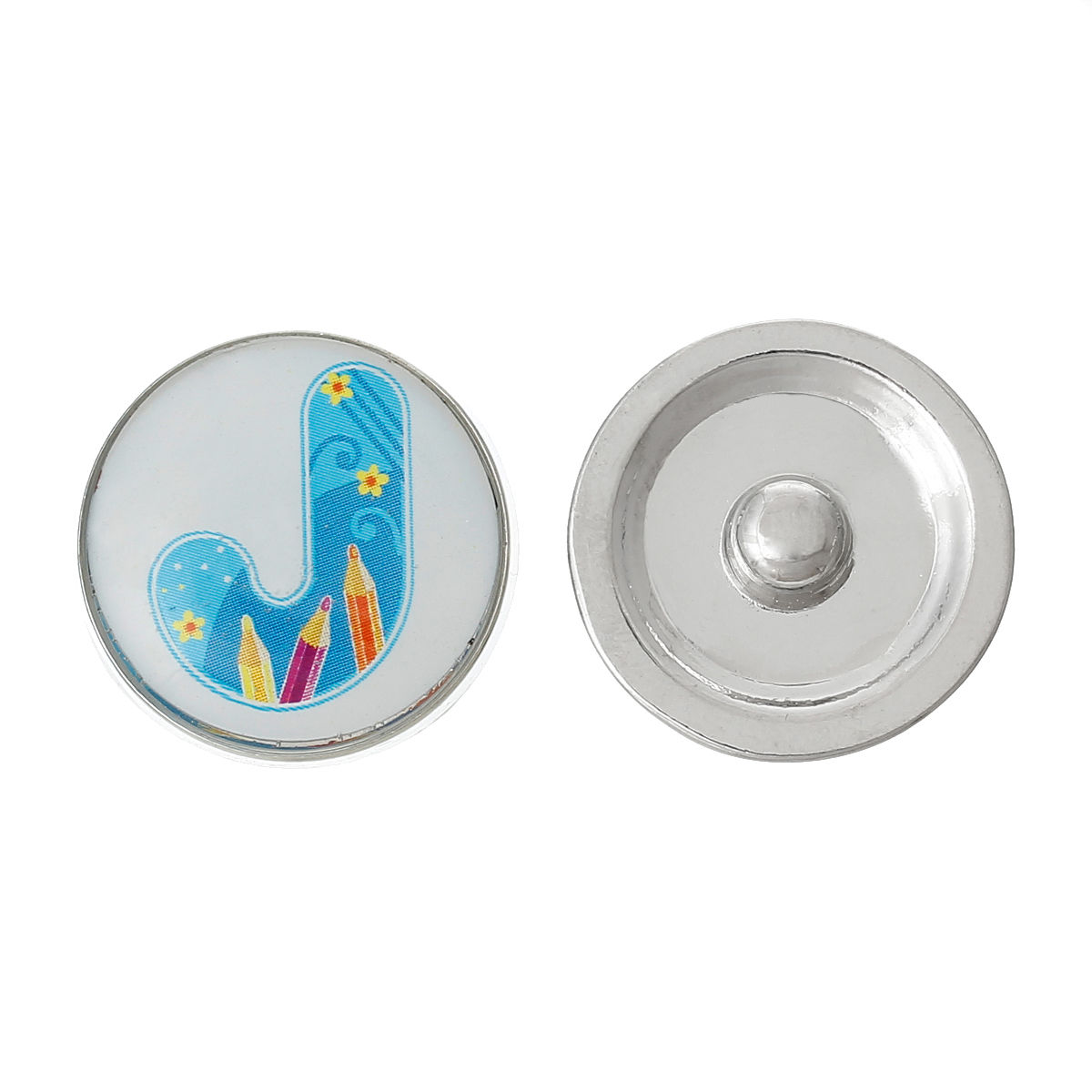 Picture of 20mm Zinc Metal Alloy Snap Buttons Round Silver Tone Blue Alphabet /Letter " J " Pencil Pattern Fit Snap Button Bracelets, Knob Size: 5.5mm( 2/8"), 5 PCs