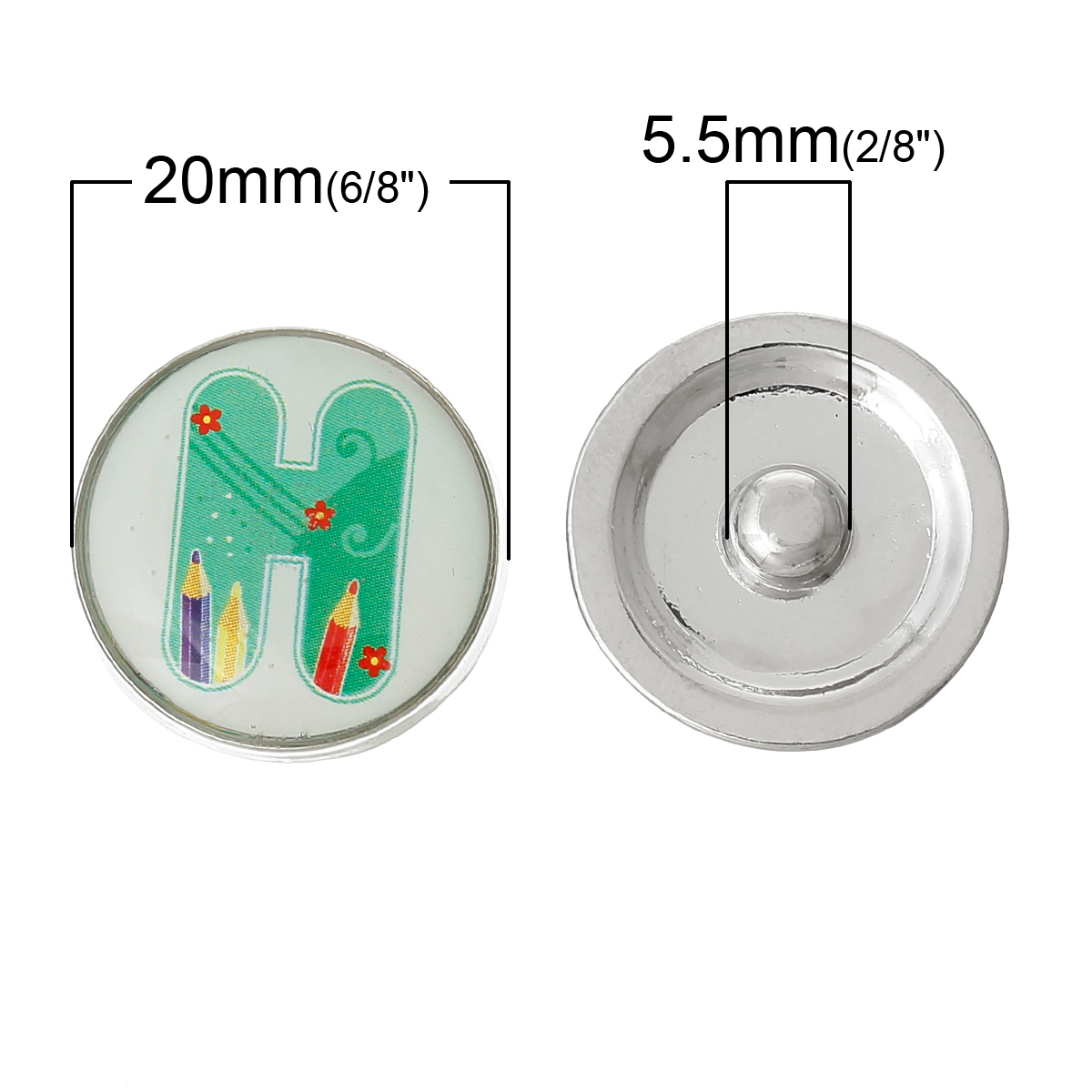 Picture of 20mm Zinc Metal Alloy Snap Buttons Round Silver Tone Green Alphabet /Letter " H " Pencil Pattern Fit Snap Button Bracelets, Knob Size: 5.5mm( 2/8"), 5 PCs