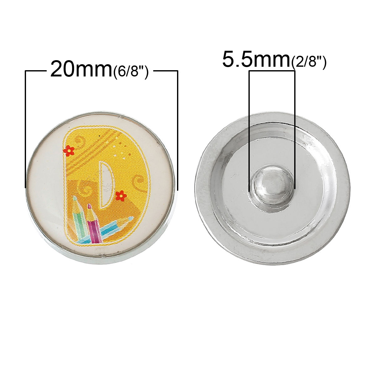 Picture of 20mm Zinc Metal Alloy Snap Buttons Round Silver Tone Yellow Alphabet /Letter " D " Pencil Pattern Fit Snap Button Bracelets, Knob Size: 5.5mm( 2/8"), 5 PCs