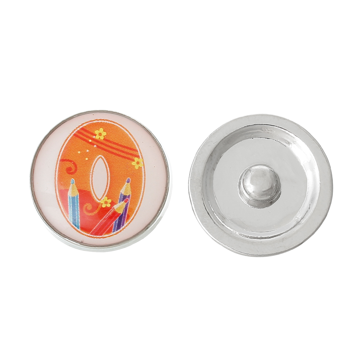 Picture of 20mm Zinc Metal Alloy Snap Buttons Round Silver Tone Orange Alphabet /Letter " O " Pencil Pattern Fit Snap Button Bracelets, Knob Size: 5.5mm( 2/8"), 5 PCs