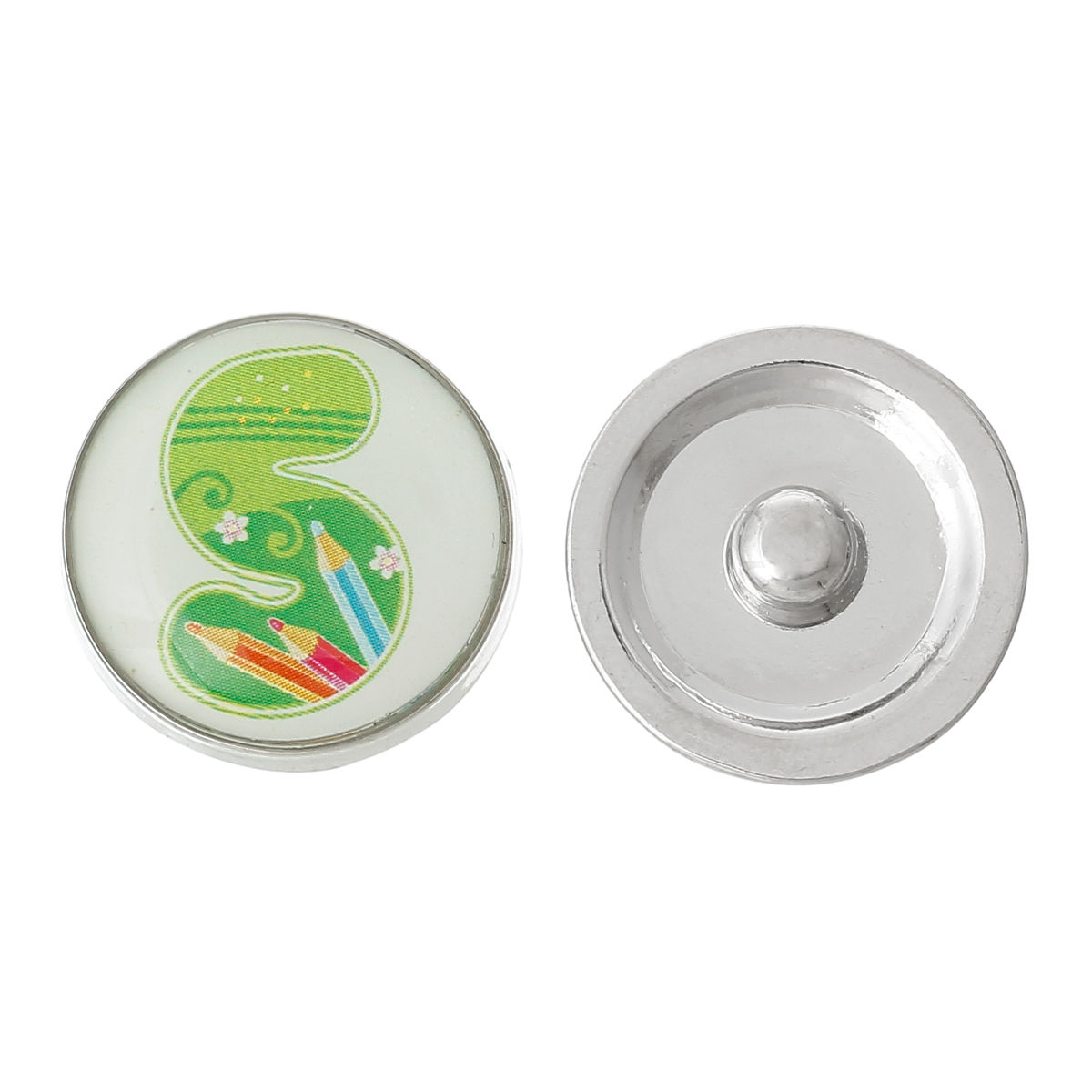 Picture of 20mm Zinc Metal Alloy Snap Buttons Round Silver Tone Green Alphabet /Letter " S " Pencil Pattern Fit Snap Button Bracelets, Knob Size: 5.5mm( 2/8"), 5 PCs