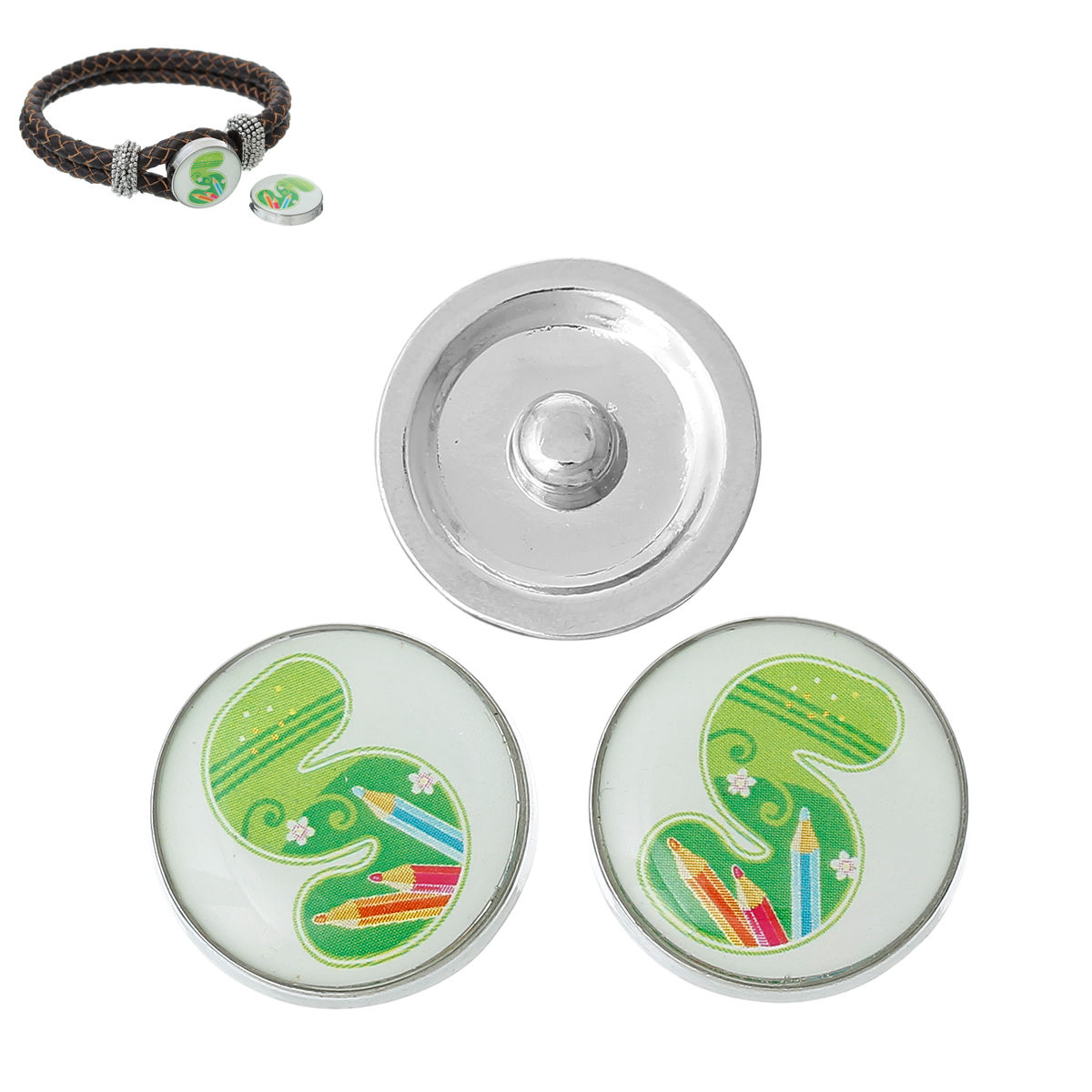 Picture of 20mm Zinc Metal Alloy Snap Buttons Round Silver Tone Green Alphabet /Letter " S " Pencil Pattern Fit Snap Button Bracelets, Knob Size: 5.5mm( 2/8"), 5 PCs
