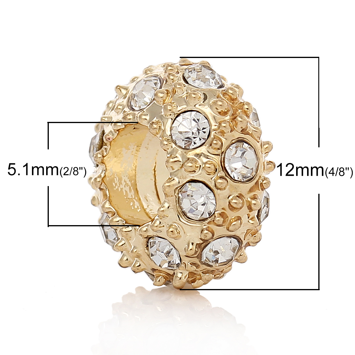 Bild von Zinklegierung European Stil Charm Großlochperlen Rund Vergoldet mit Transparent Strass, 12mm D., Loch: 5.1mm, 10 Stücke