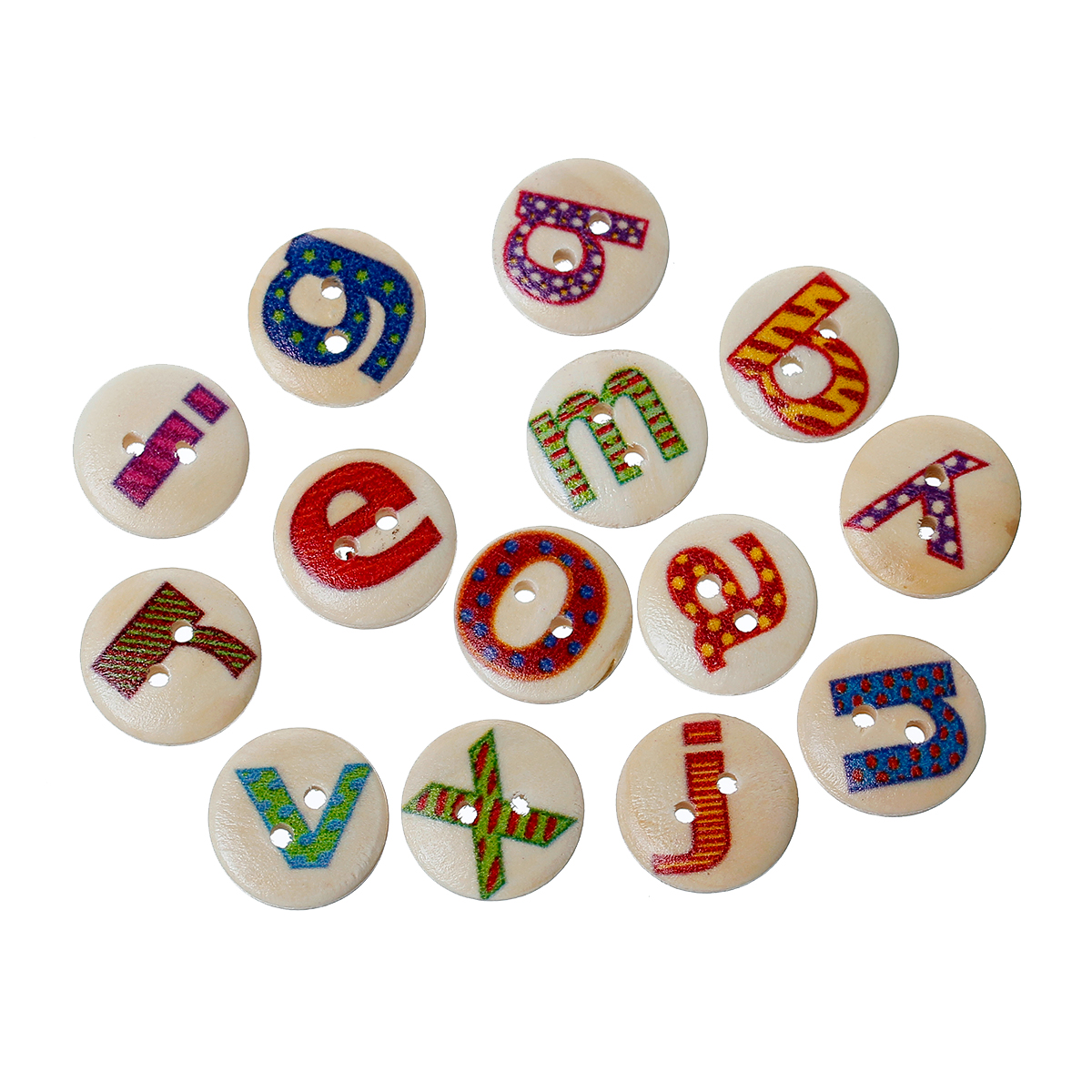 Bild von Natürliches Holz Knöpfe zum aufnähen Rund gemischt 2 Löcher mit Buchstaben Muster 15mm D 200 Stück