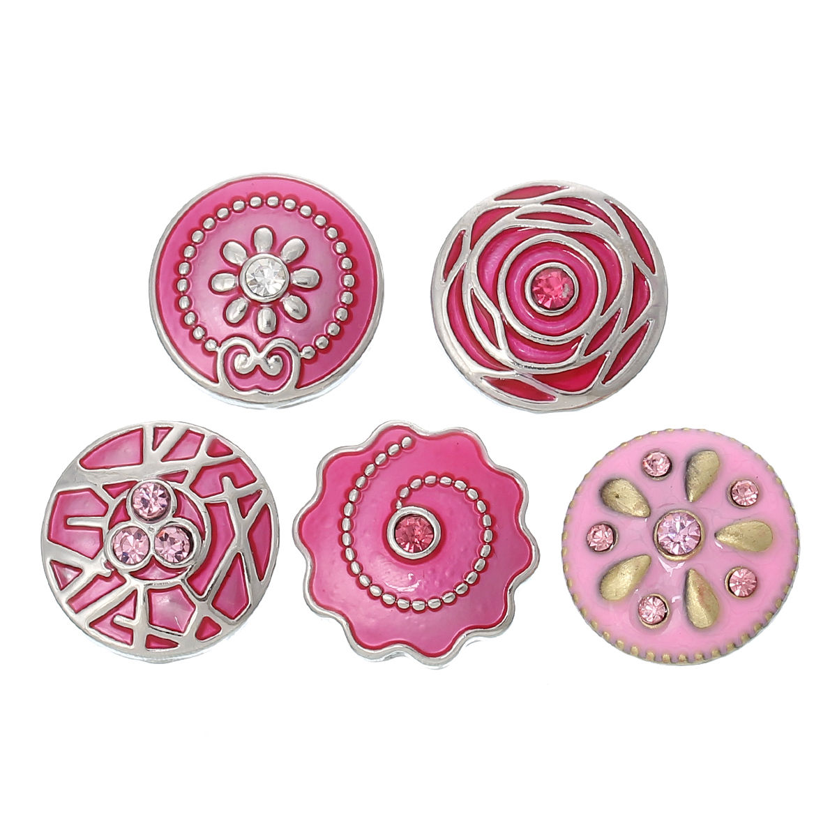 Picture of Zinc Metal Alloy Snap Buttons Mixed Silver Tone Pattern Carved Rhinestone Pink Enamel Fit Snap Button Bracelets 21mm x21mm( 7/8" x 7/8") - 20mm( 6/8") Dia., Knob Size: 5.5mm( 2/8"), 5 PCs