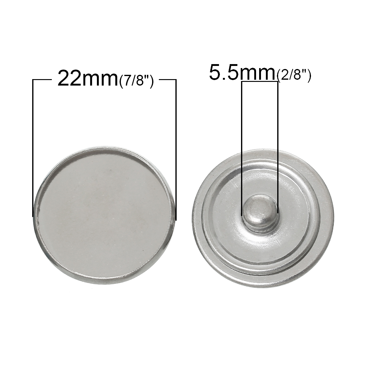Picture of 22mm Alloy Snap Buttons Round Silver Tone Cabochon Setting (Fits 20mm Dia.) Fit Snap Button Bracelets, Knob Size: 5.5mm( 2/8"), 20PCs