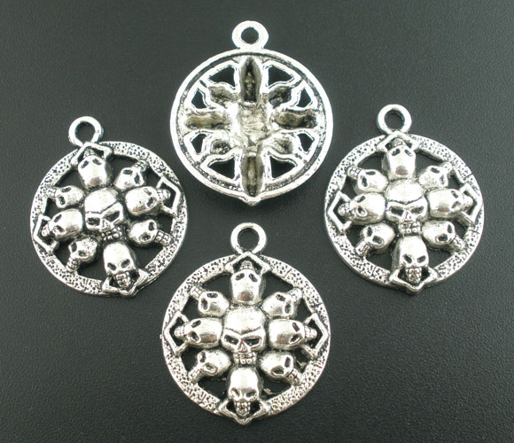 亜鉛合金 チャームペンダント ハロウィーン 円形 スカル 銀古美 33mmx 27mm、 10 PCs の画像