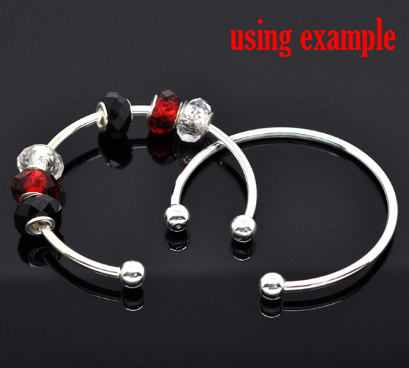 Picture of Copper European Style Open Cuff Charm Bangles Bracelets Silver Plated 20cm long, 4 PCs