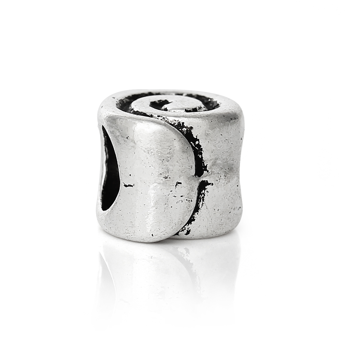 Picture of 30 PCs Zinc Based Alloy European Style Large Hole Charm Beads Antique Silver Color Round Spiral 7mm x 6mm, Hole: Approx 4.5mm