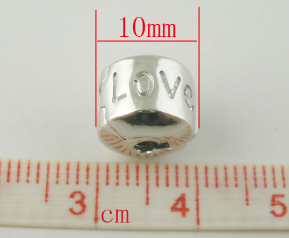 Picture of Copper Stopper Clip Snap Clasps Fit European Style Charm Bracelet Necklace Round Silver Tone "Love" Carved 10mm x9mm, 10 PCs