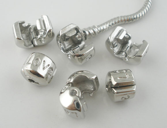 Picture of Copper Stopper Clip Snap Clasps Fit European Style Charm Bracelet Necklace Round Silver Tone "Love" Carved 10mm x9mm, 10 PCs
