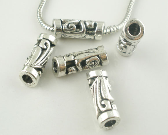 Picture of Zinc Based Alloy European Style Large Hole Charm Beads Antique Silver Color Tube Filigree 25mm x 9mm, Hole: Approx 4.8mm, 10 PCs