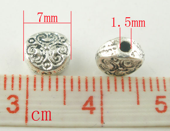 亜鉛合金 スペーサ ビーズ フラットラウンド 銀古美 約7mm 直径、 　穴：約1.5mm、 100 PCs の画像