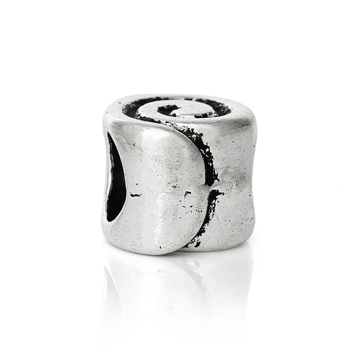 Picture of 30 PCs Zinc Based Alloy European Style Large Hole Charm Beads Antique Silver Color Round Spiral 7mm x 6mm, Hole: Approx 4.5mm