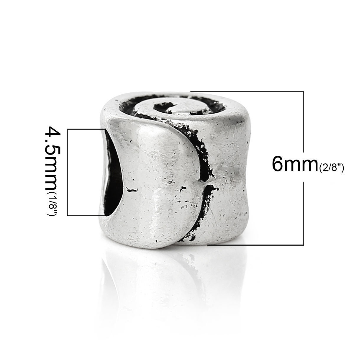 Picture of 30 PCs Zinc Based Alloy European Style Large Hole Charm Beads Antique Silver Color Round Spiral 7mm x 6mm, Hole: Approx 4.5mm