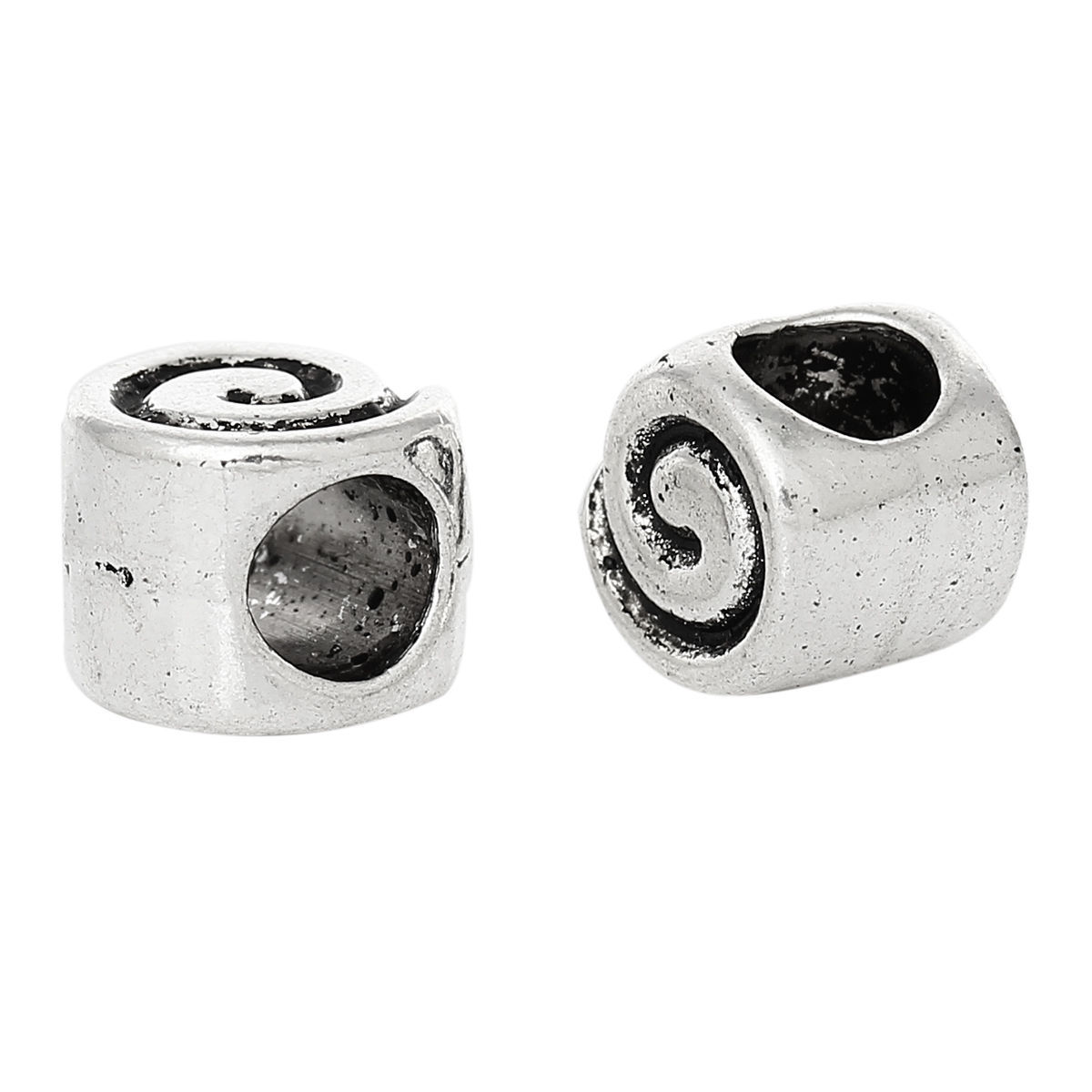Picture of 30 PCs Zinc Based Alloy European Style Large Hole Charm Beads Antique Silver Color Round Spiral 7mm x 6mm, Hole: Approx 4.5mm