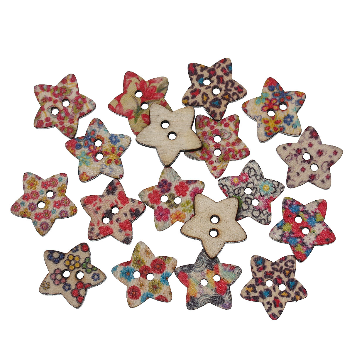 Picture of 9 PCs Natural Wood Sewing Buttons Scrapbooking 2 Holes Pentagram Star At Random Mixed Color Flower 20mm x 19mm