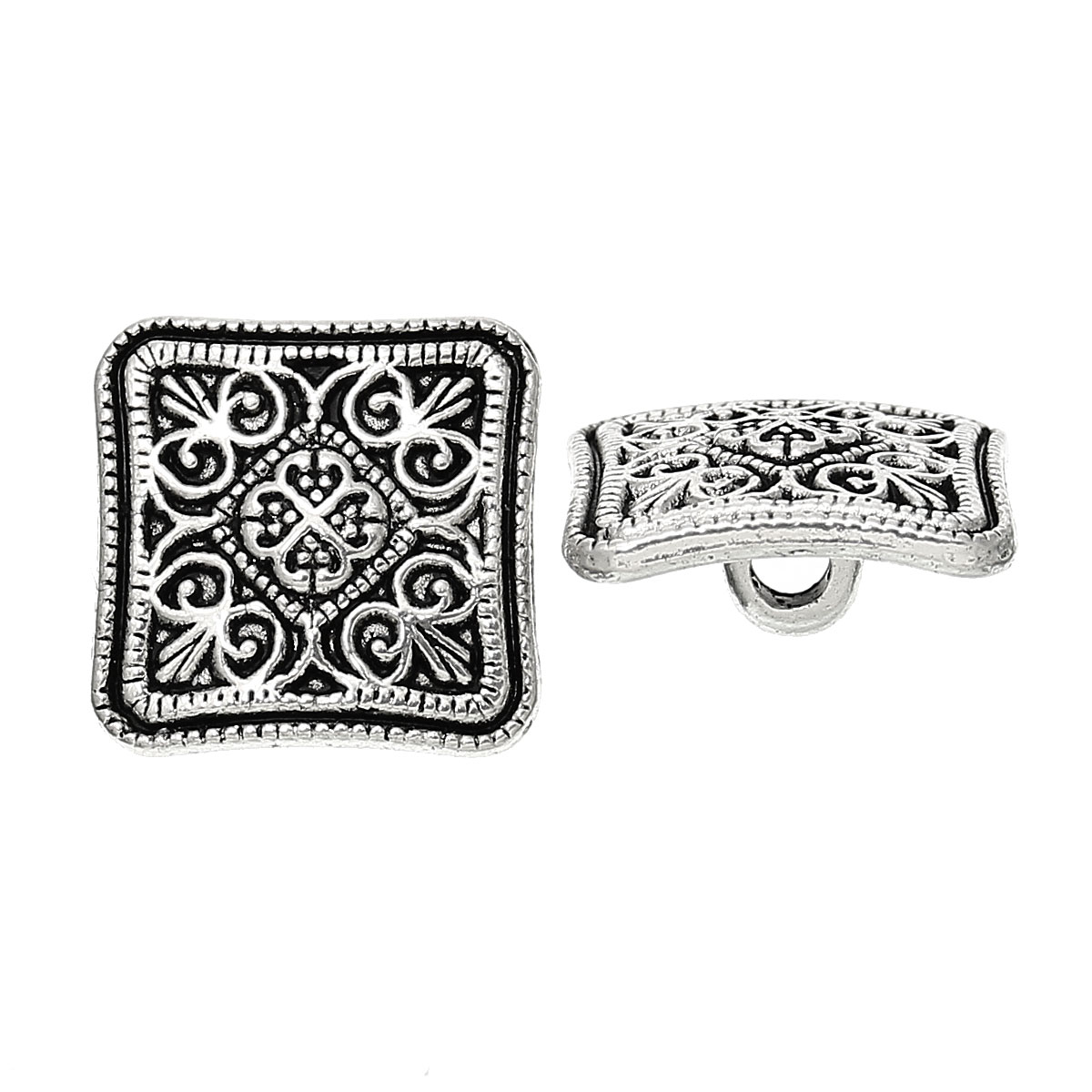 Bild von Zinklegierung Metall Öseknöpfe zum Aufnähen Quadrat Antik Silber mit Blumen Muster 13mm x 13mm 100 Stück