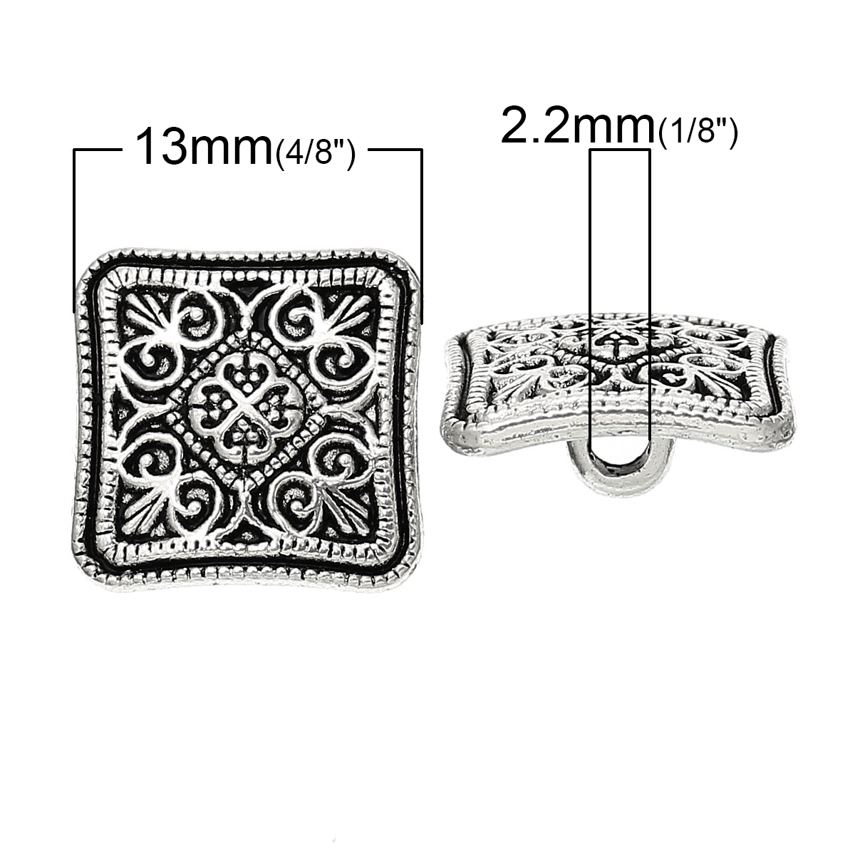 Bild von Zinklegierung Metall Öseknöpfe zum Aufnähen Quadrat Antik Silber mit Blumen Muster 13mm x 13mm 100 Stück